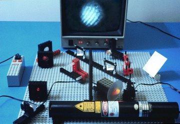 Fig. 16. Mach-Zehnder interferometer. Two fringe patterns are formed, one on the screen on the right and another on the rotaing ground glass imaged by the ccd camera, as shown in the monitor.